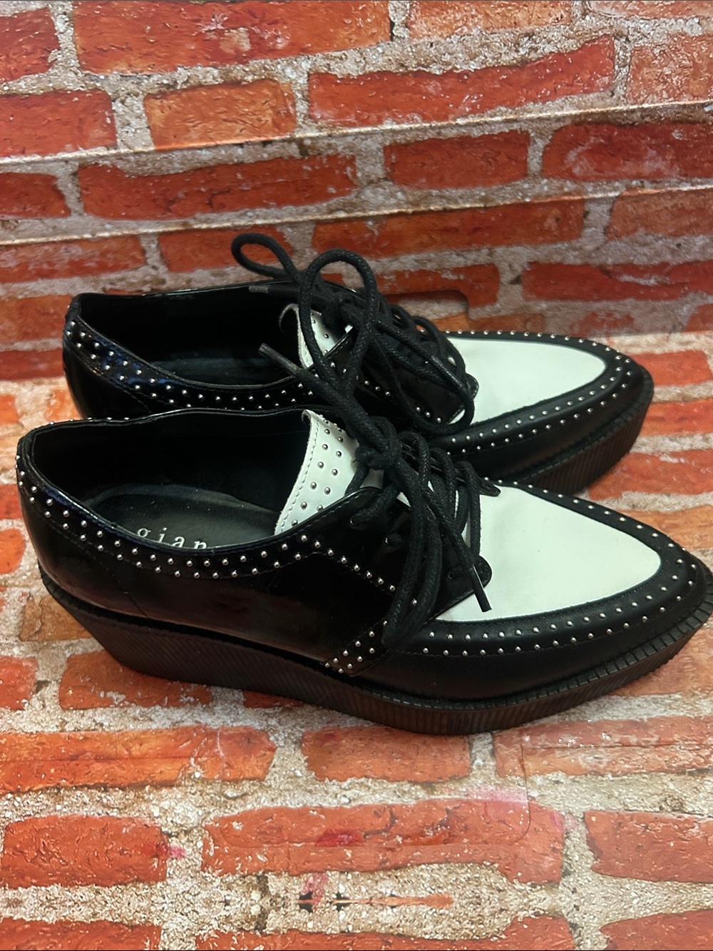 Gianni Bini Black and White Studded Wedge Oxfords